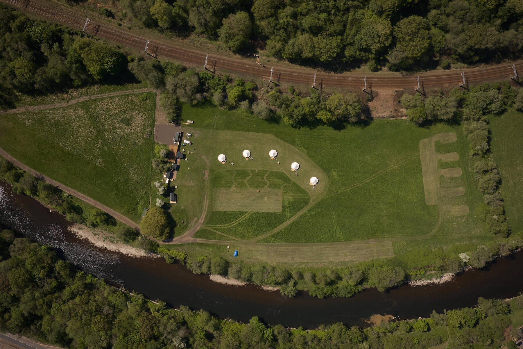 Aerial photography of a glamping site in Wales